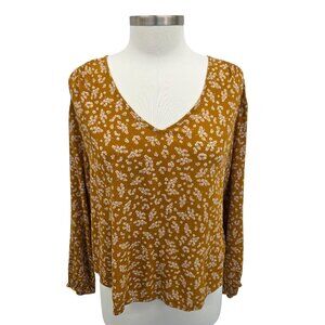Womens Mustard Yellow Floral Long Sleeve V-Neck Blouse Size M Career Casual